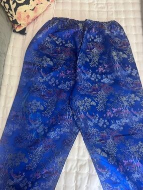 Royal Blue Satin Floral Chinese Pajama Pants